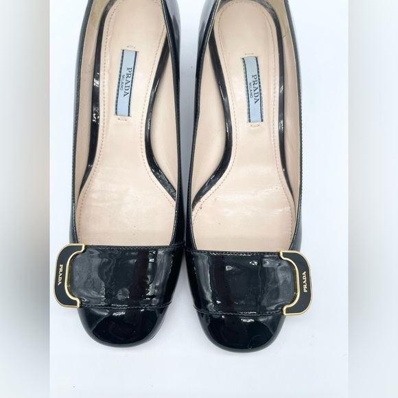 Prada Black Patent leather logo embellished block heel pumps EU37 - Picture 8 of 9